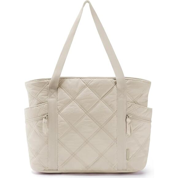 Cream Quilted Nylon Laptop Tote – Lightweight Everyday Shoulder Bag Zip Pockets - Picture 1 of 5